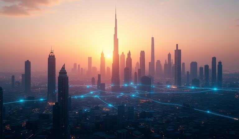 City of Dubai with mobile connectivity overlay